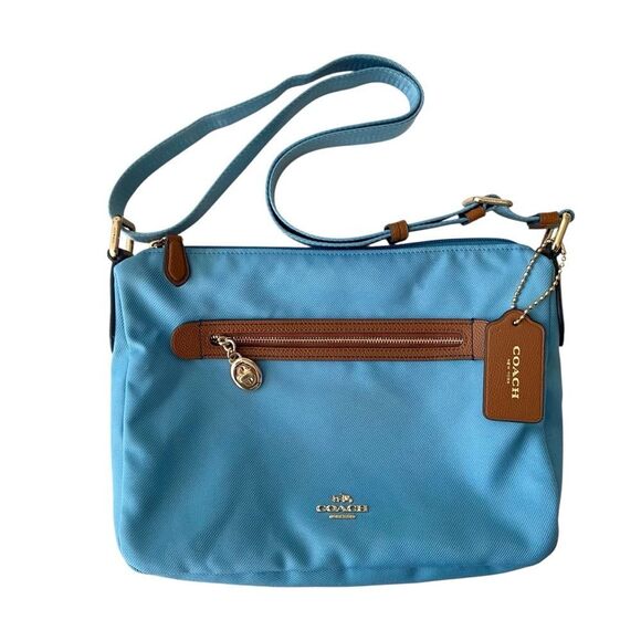 Coach Sawyer Canvas & Tan Leather Crossbody Bag in Blue Jay Front Zipper Pocket - Picture 2 of 16